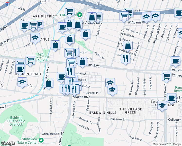 map of restaurants, bars, coffee shops, grocery stores, and more near 5649 Corbett Street in Los Angeles