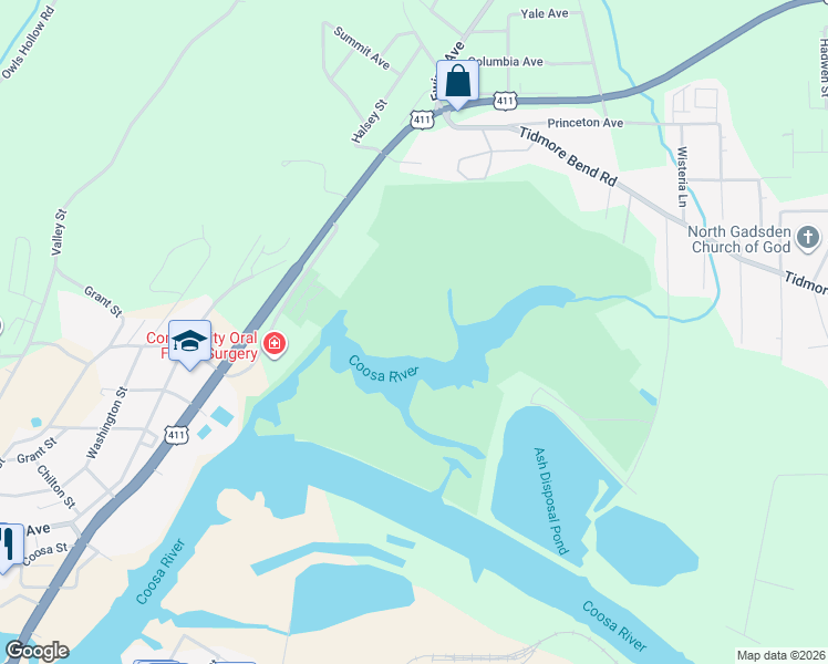 map of restaurants, bars, coffee shops, grocery stores, and more near 901 Riverbend Drive in Gadsden