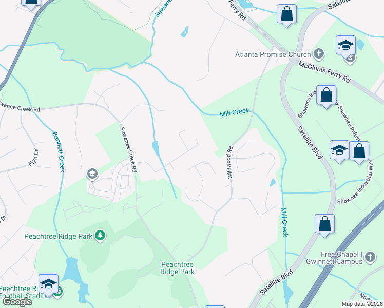 map of restaurants, bars, coffee shops, grocery stores, and more near 1201 Hiddenbrook Lane in Suwanee