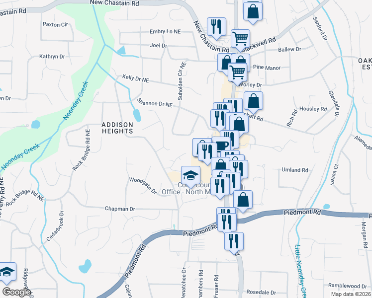 map of restaurants, bars, coffee shops, grocery stores, and more near 3017 Mulberry Street in Marietta