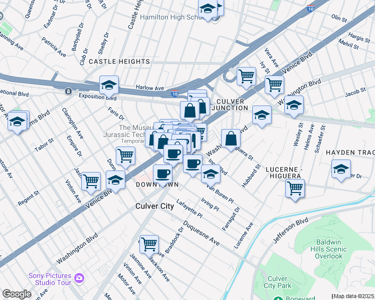 map of restaurants, bars, coffee shops, grocery stores, and more near in Culver City