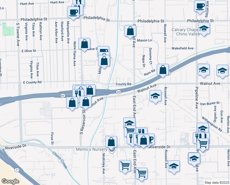 map of restaurants, bars, coffee shops, grocery stores, and more near in Pomona
