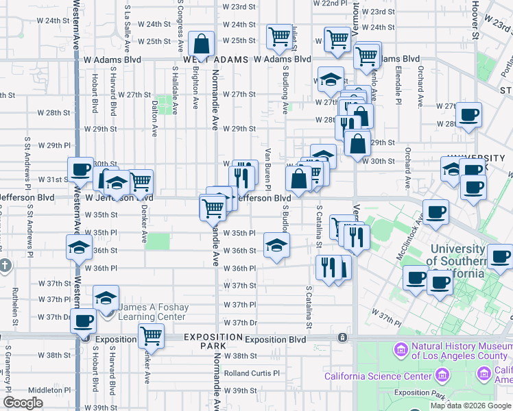 map of restaurants, bars, coffee shops, grocery stores, and more near 1418 West Jefferson Boulevard in Los Angeles