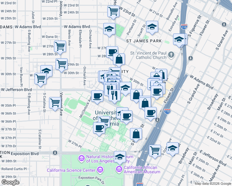 map of restaurants, bars, coffee shops, grocery stores, and more near 3323 South Hoover Street in Los Angeles