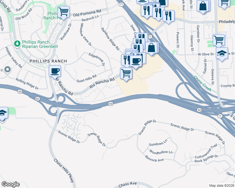 map of restaurants, bars, coffee shops, grocery stores, and more near 22 Country Mile Road in Pomona