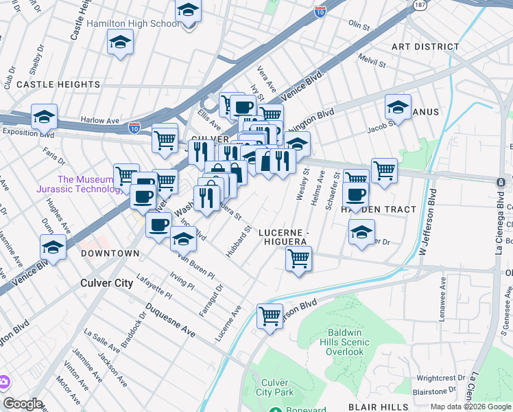 map of restaurants, bars, coffee shops, grocery stores, and more near 8931 Hubbard Street in Culver City