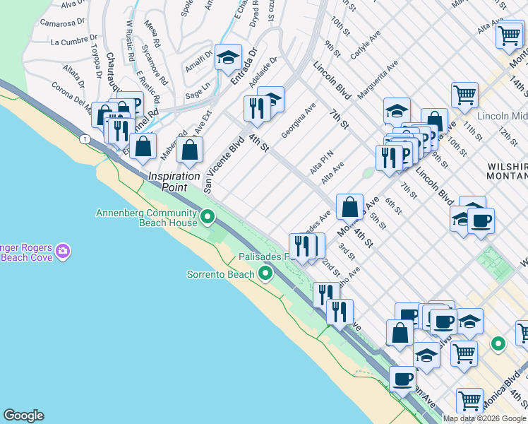 map of restaurants, bars, coffee shops, grocery stores, and more near 130 Marguerita Avenue in Santa Monica