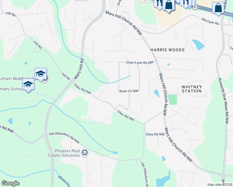 map of restaurants, bars, coffee shops, grocery stores, and more near 2957 Brett Circle Northwest in Acworth