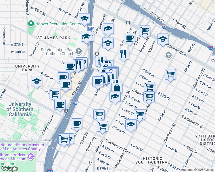 map of restaurants, bars, coffee shops, grocery stores, and more near 2711 South Hill Street in Los Angeles
