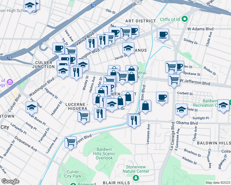 map of restaurants, bars, coffee shops, grocery stores, and more near in Culver City