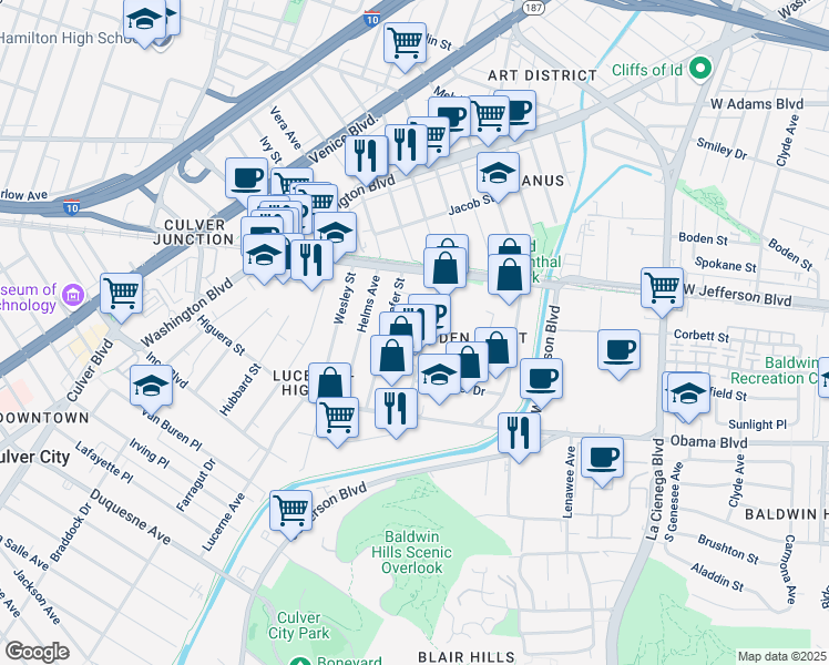 map of restaurants, bars, coffee shops, grocery stores, and more near 3590 Hayden Avenue in Culver City