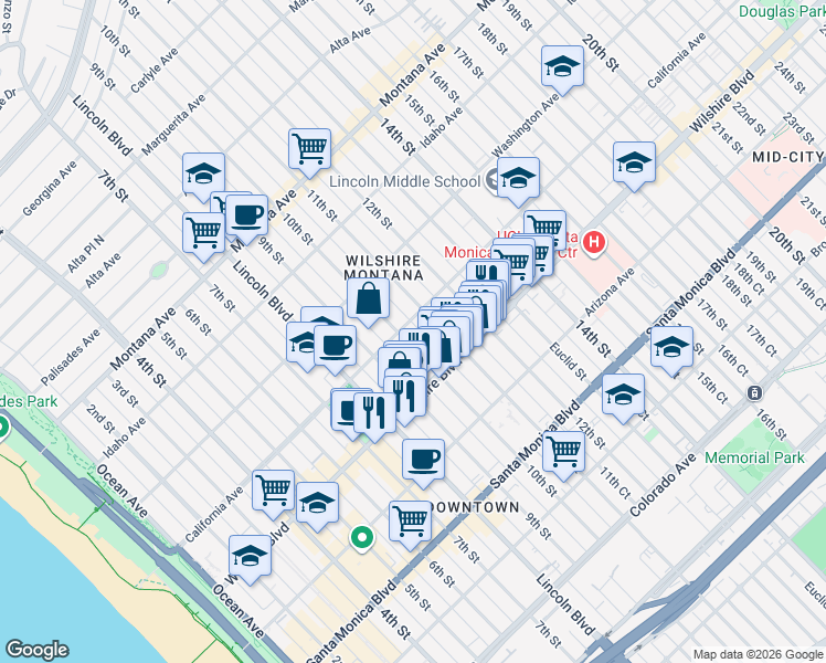 map of restaurants, bars, coffee shops, grocery stores, and more near 1010 California Avenue in Santa Monica