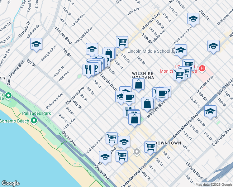 map of restaurants, bars, coffee shops, grocery stores, and more near in Santa Monica