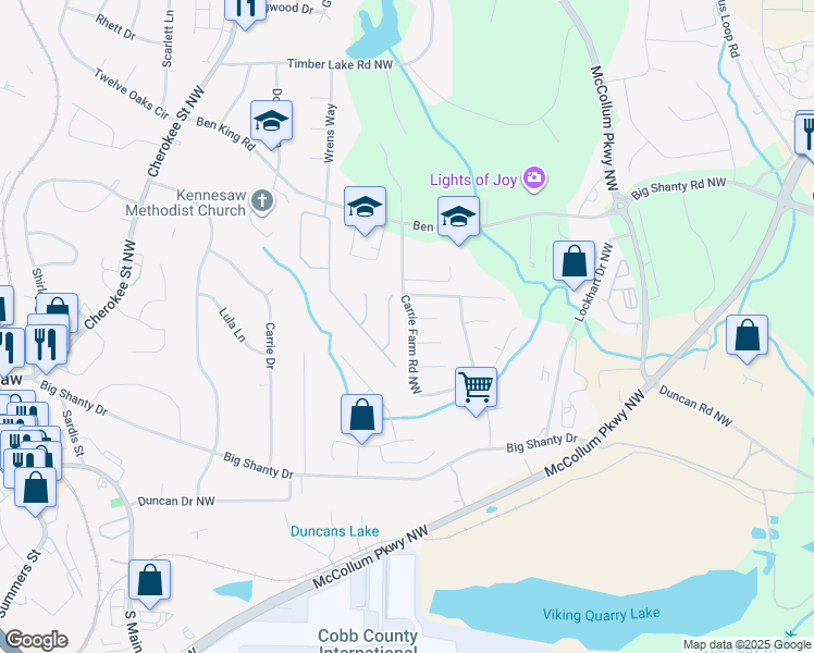map of restaurants, bars, coffee shops, grocery stores, and more near 2993 Carrie Farm Road Northwest in Kennesaw