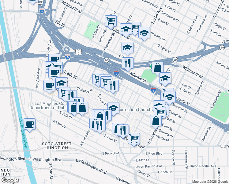 map of restaurants, bars, coffee shops, grocery stores, and more near 1139 Euclid Avenue in Los Angeles