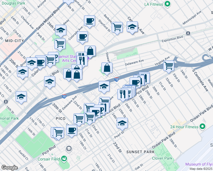 map of restaurants, bars, coffee shops, grocery stores, and more near 2423 Virginia Avenue in Santa Monica