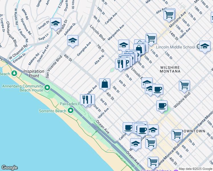 map of restaurants, bars, coffee shops, grocery stores, and more near in Santa Monica