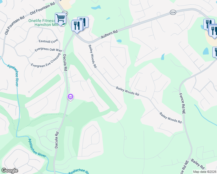 map of restaurants, bars, coffee shops, grocery stores, and more near 889 Pathview Court in Dacula