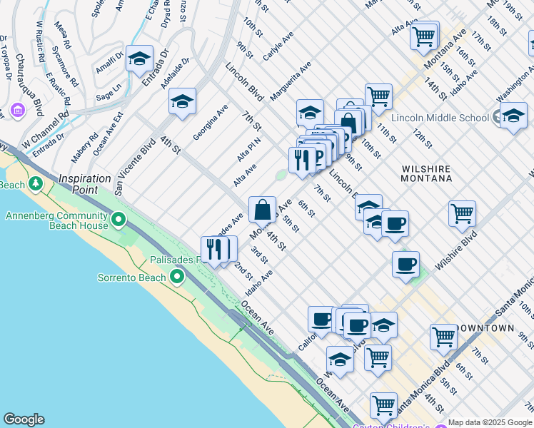 map of restaurants, bars, coffee shops, grocery stores, and more near 415 Montana Avenue in Santa Monica