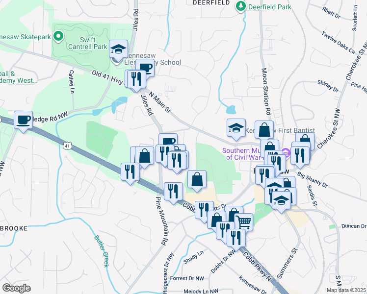 map of restaurants, bars, coffee shops, grocery stores, and more near 2799 Dominion Lane in Kennesaw