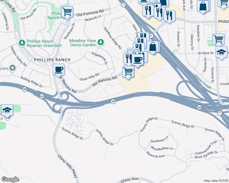 map of restaurants, bars, coffee shops, grocery stores, and more near 22 Country Mile Road in Pomona