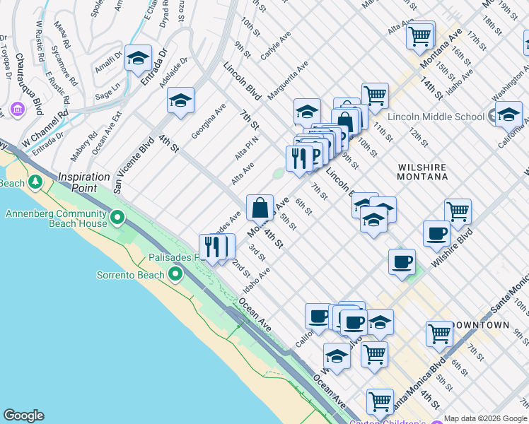 map of restaurants, bars, coffee shops, grocery stores, and more near 415 Montana Avenue in Santa Monica
