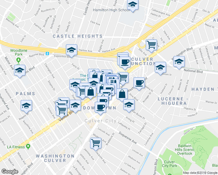 map of restaurants, bars, coffee shops, grocery stores, and more near 9414 Venice Boulevard in Culver City