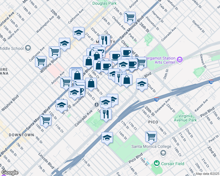 map of restaurants, bars, coffee shops, grocery stores, and more near 1560 18th Street in Santa Monica
