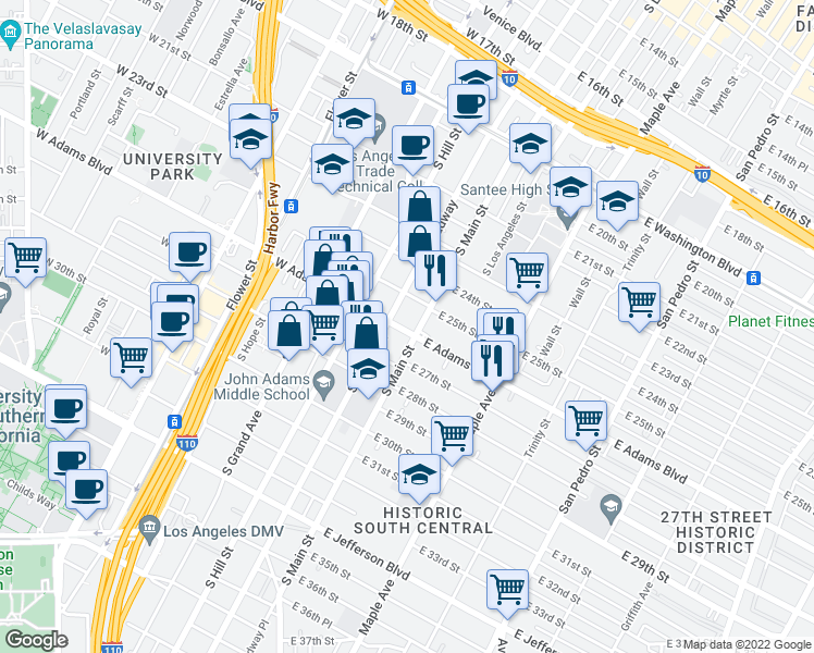 map of restaurants, bars, coffee shops, grocery stores, and more near 2531 South Main Street in Los Angeles