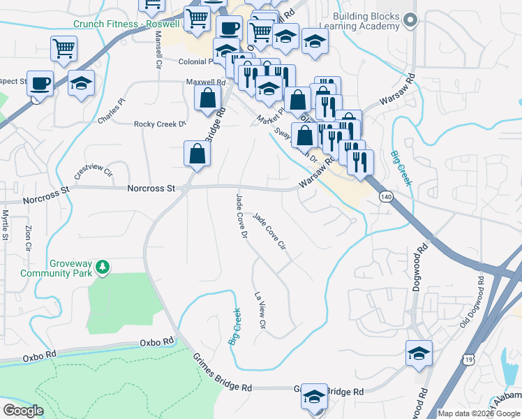 map of restaurants, bars, coffee shops, grocery stores, and more near 125 Jade Cove Circle in Roswell