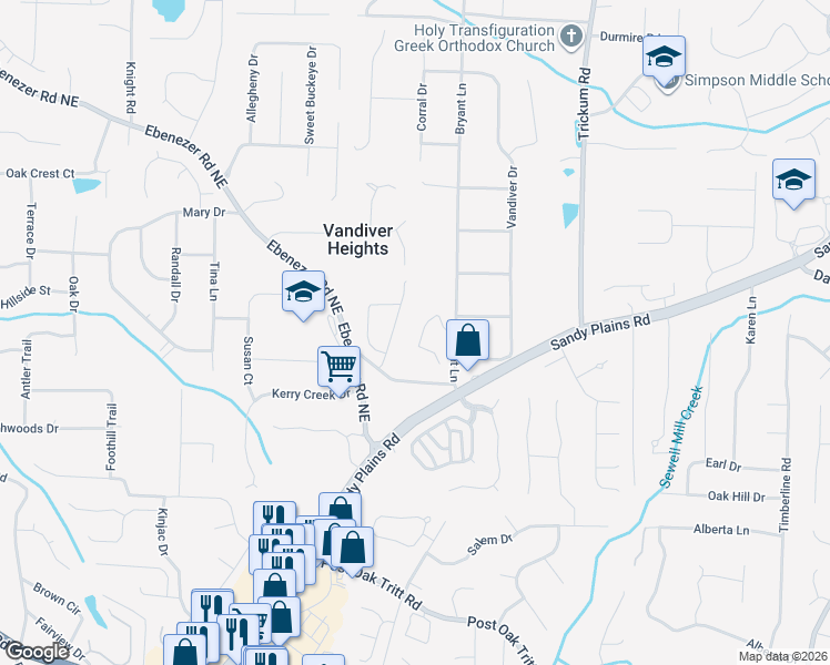 map of restaurants, bars, coffee shops, grocery stores, and more near 2195 Bryant Pointe Drive in Marietta