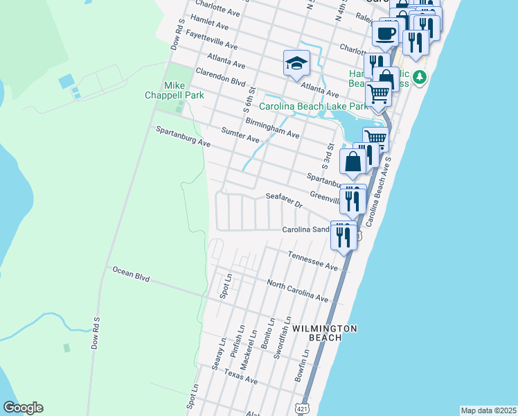 map of restaurants, bars, coffee shops, grocery stores, and more near 918 Salt Water Lane in Carolina Beach