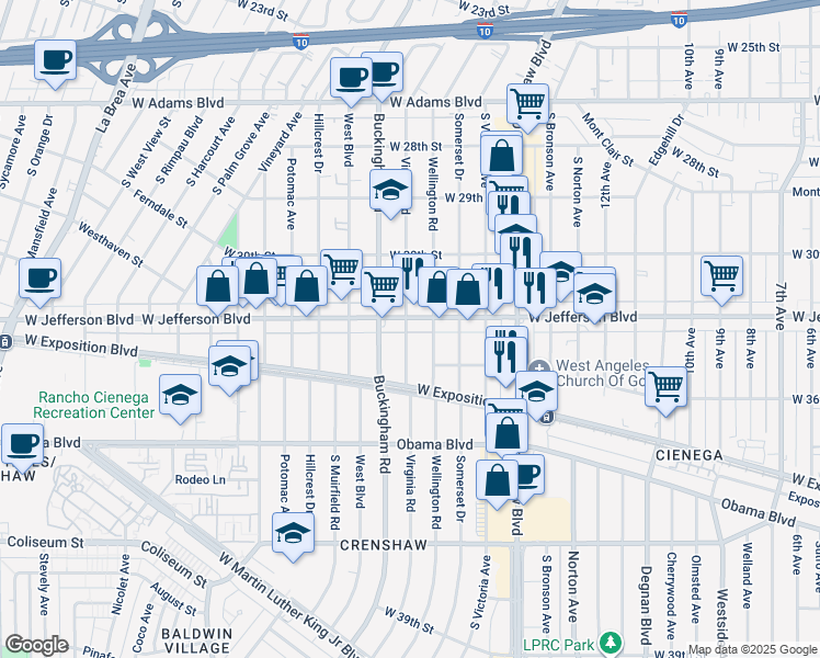 map of restaurants, bars, coffee shops, grocery stores, and more near 3406 Virginia Road in Los Angeles
