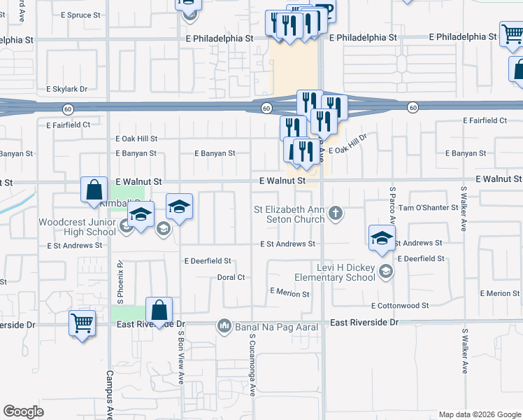 map of restaurants, bars, coffee shops, grocery stores, and more near 2714 South Marigold Avenue in Ontario