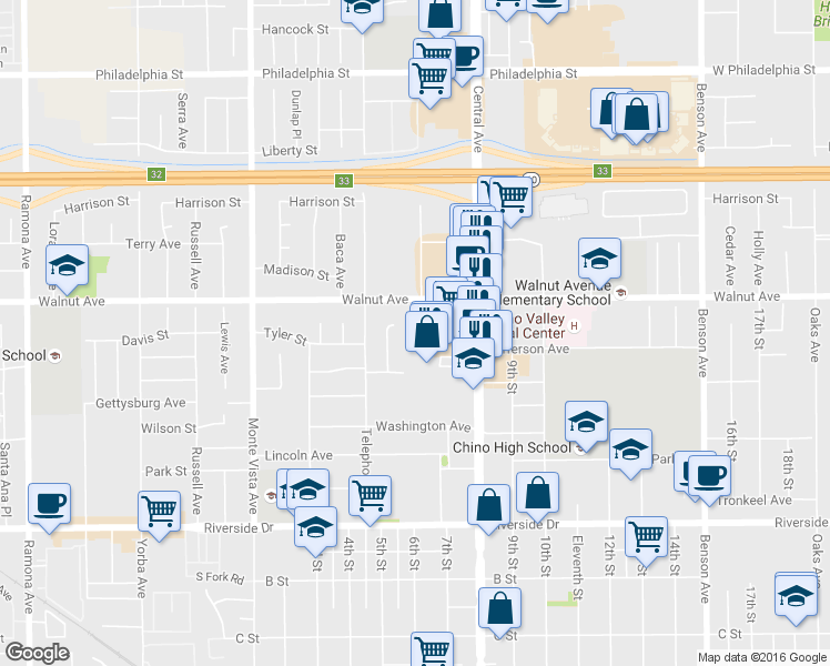 map of restaurants, bars, coffee shops, grocery stores, and more near 12635 Franklin Court in Chino