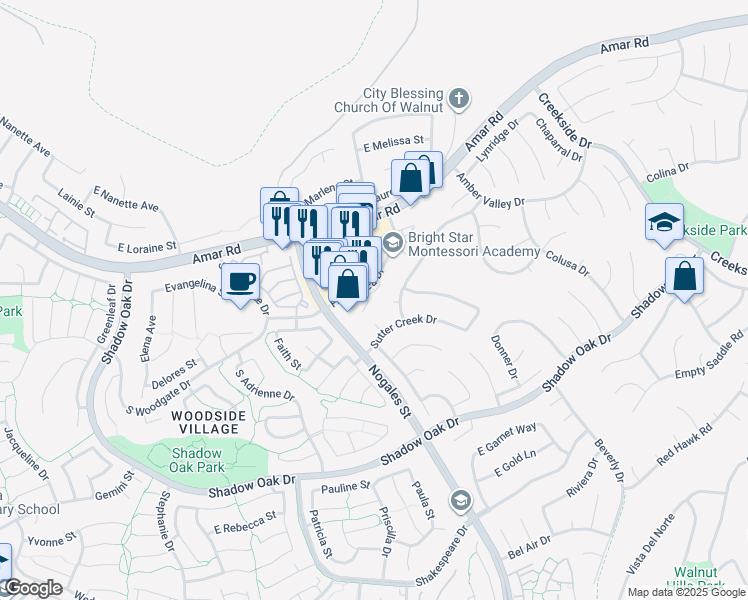 map of restaurants, bars, coffee shops, grocery stores, and more near 737 Amador Circle in Walnut