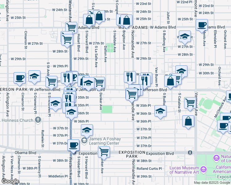 map of restaurants, bars, coffee shops, grocery stores, and more near 1460 West 35th Street in Los Angeles