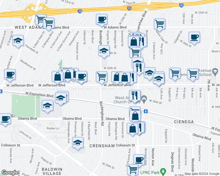 map of restaurants, bars, coffee shops, grocery stores, and more near 3437 Virginia Road in Los Angeles
