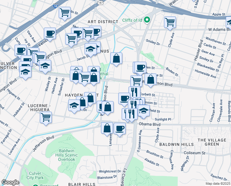 map of restaurants, bars, coffee shops, grocery stores, and more near 5838 Jefferson Boulevard in Los Angeles
