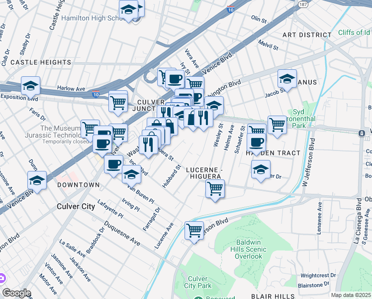 map of restaurants, bars, coffee shops, grocery stores, and more near 8952 Hubbard Street in Culver City