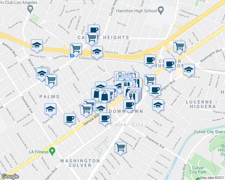 map of restaurants, bars, coffee shops, grocery stores, and more near 9733 Venice Boulevard in Los Angeles