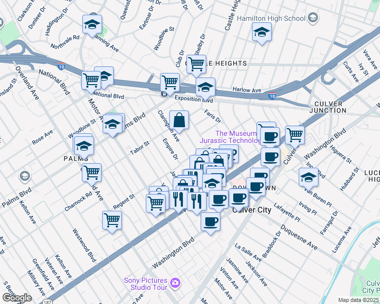 map of restaurants, bars, coffee shops, grocery stores, and more near 10110 Regent Street in Los Angeles