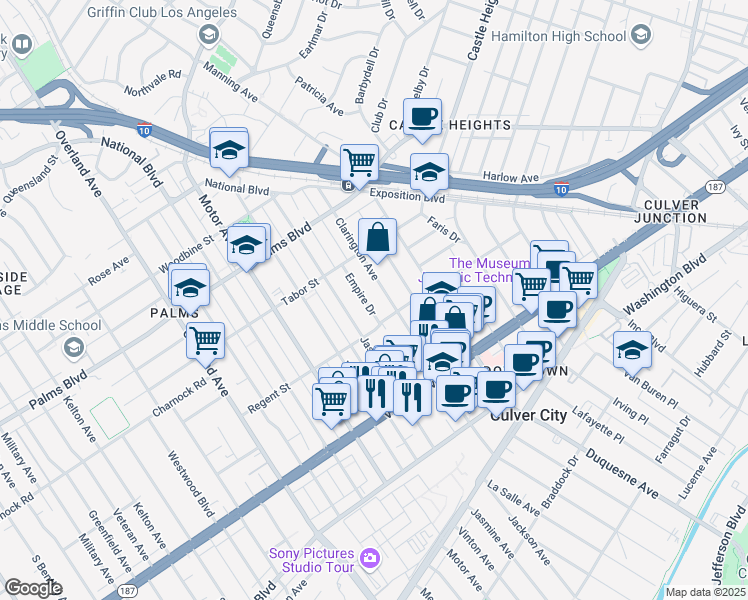 map of restaurants, bars, coffee shops, grocery stores, and more near 10110 Regent Street in Los Angeles