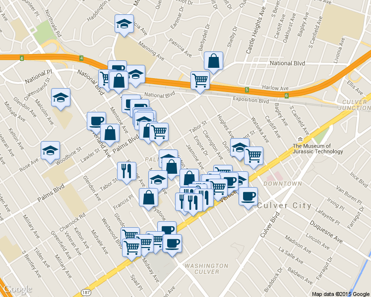 map of restaurants, bars, coffee shops, grocery stores, and more near 3645 Vinton Avenue in Los Angeles