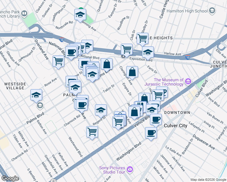map of restaurants, bars, coffee shops, grocery stores, and more near 3645 Vinton Avenue in Los Angeles
