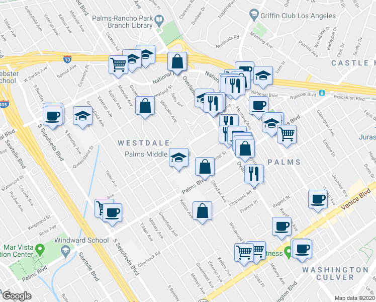 map of restaurants, bars, coffee shops, grocery stores, and more near 10827 Woodbine Street in Los Angeles
