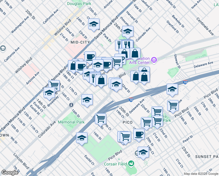 map of restaurants, bars, coffee shops, grocery stores, and more near in Santa Monica