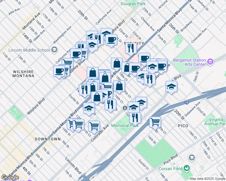 map of restaurants, bars, coffee shops, grocery stores, and more near 227 Broadway in Santa Monica