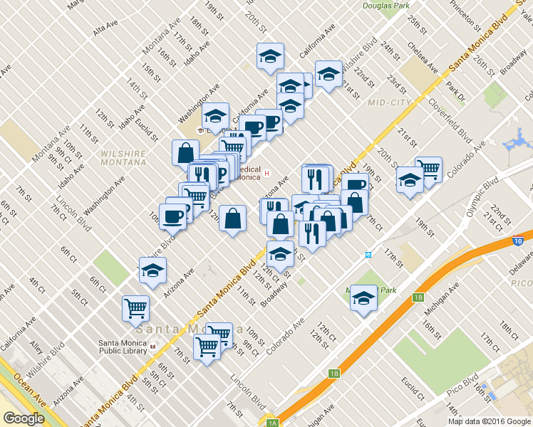 map of restaurants, bars, coffee shops, grocery stores, and more near 1338 14th Street in Santa Monica