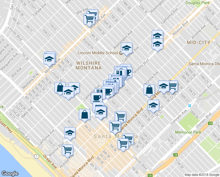 map of restaurants, bars, coffee shops, grocery stores, and more near 1025 Wilshire Boulevard in Santa Monica
